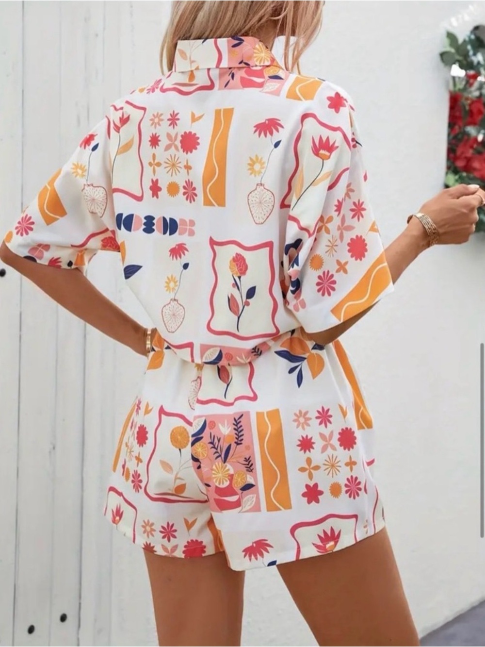Floral Print Short Sleeve Romper - White with Coral & Mustard - Picture 4 of 6